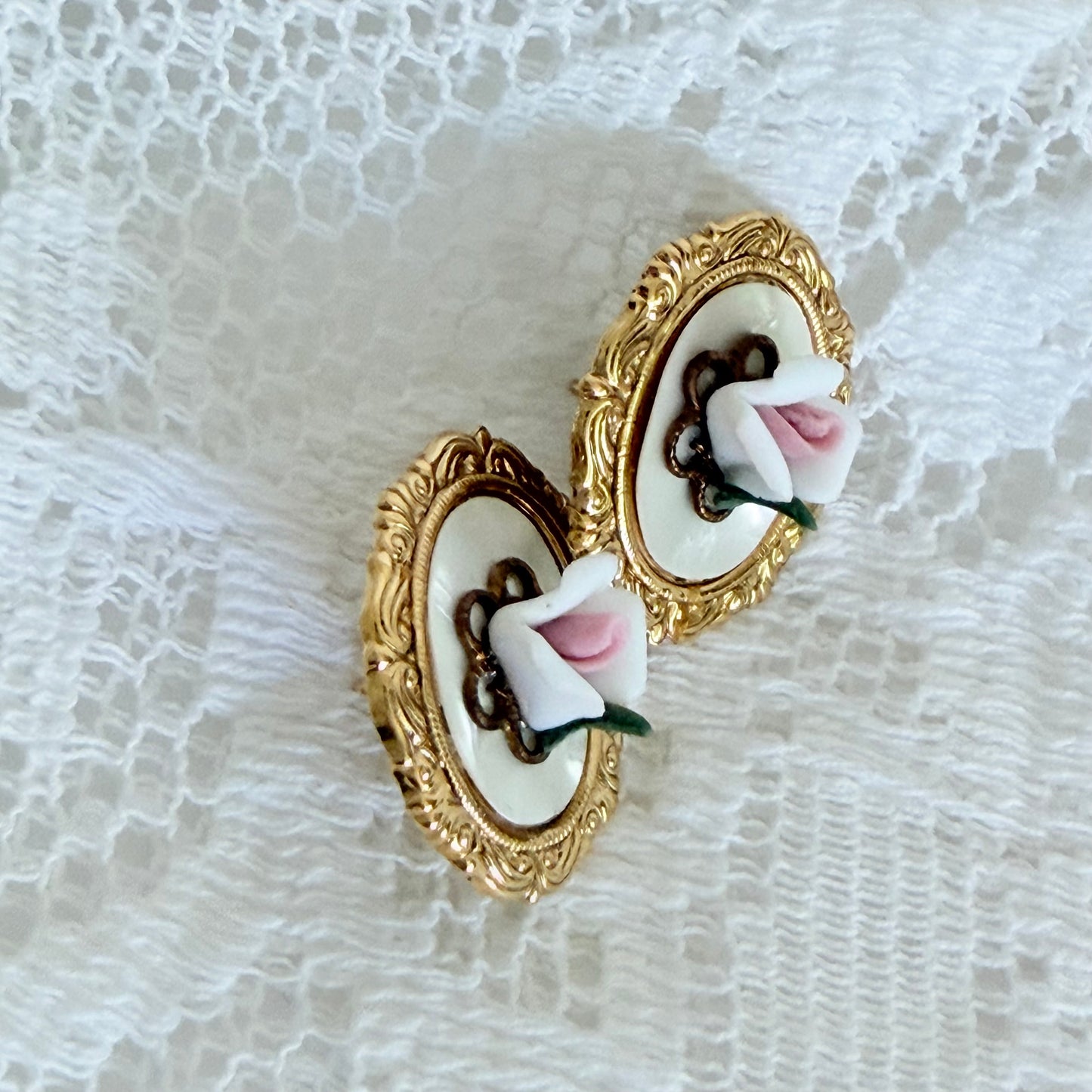 Vintage Mother of Pearl & Porcelain Pink Rose Cameo Style Pierced Earrings