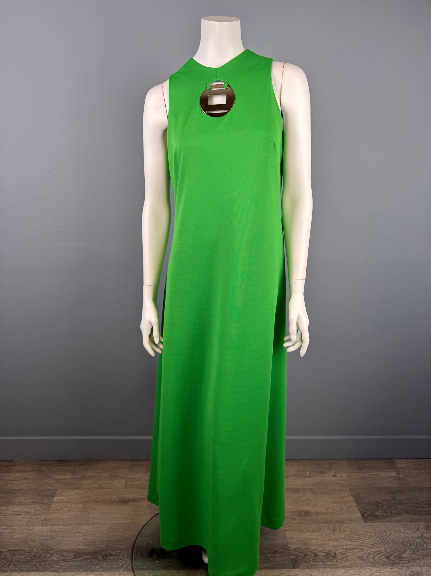 1970s Kelly Green Maxi Dress with Mod Cut-out and Medallion Detail, Size L