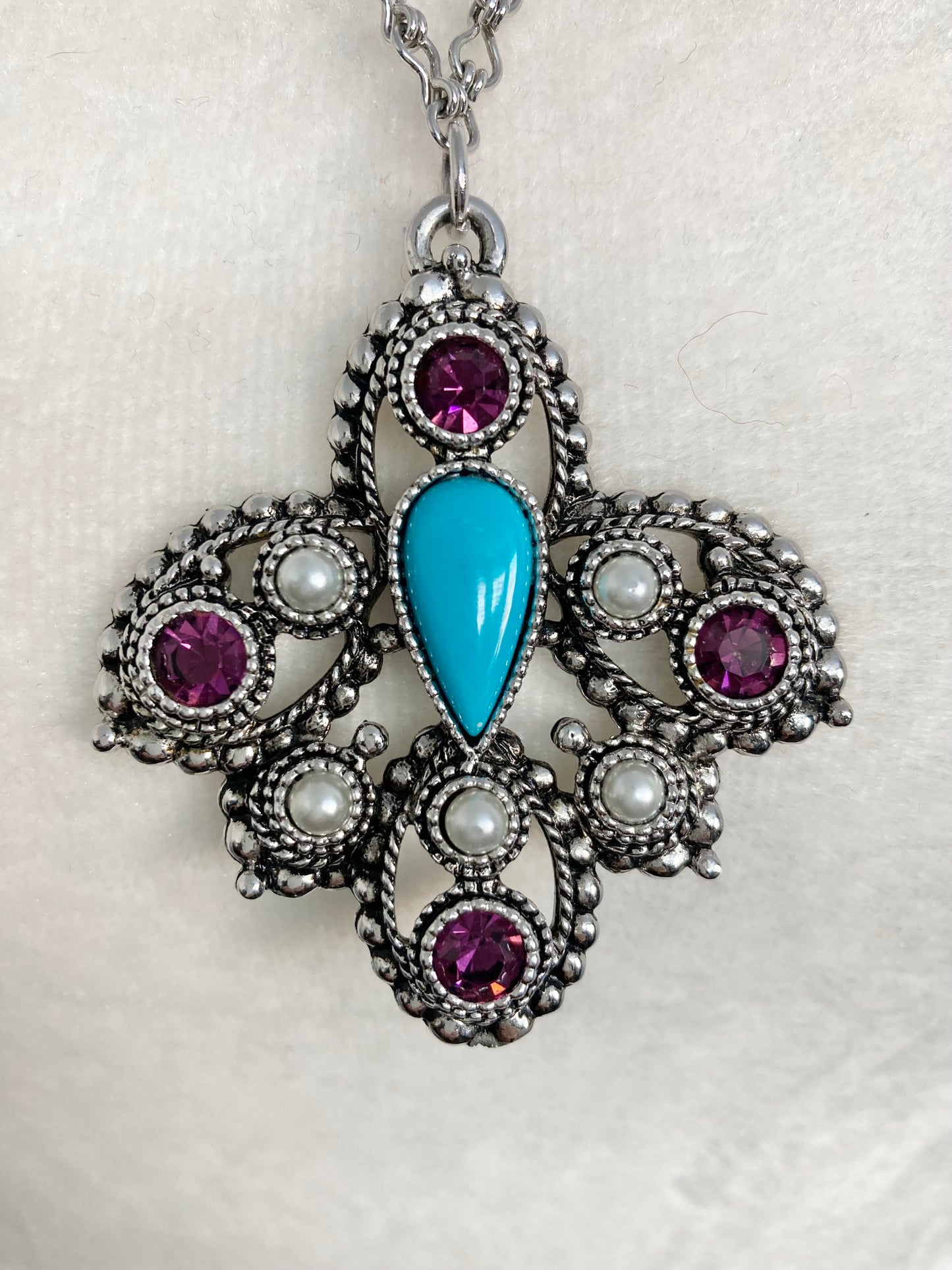 Vintage Sarah Coventry Turquoise, Amethyst and Pearl Pendant Necklace