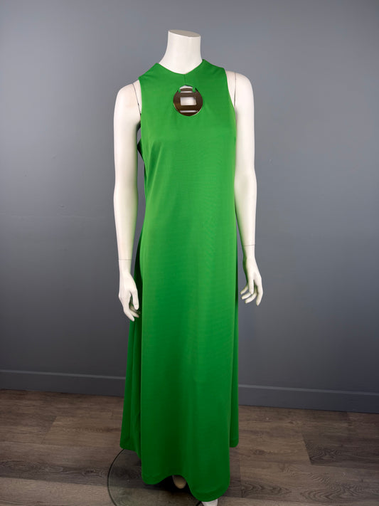 1970s Kelly Green Maxi Dress with Mod Cut-out and Medallion Detail, Size L