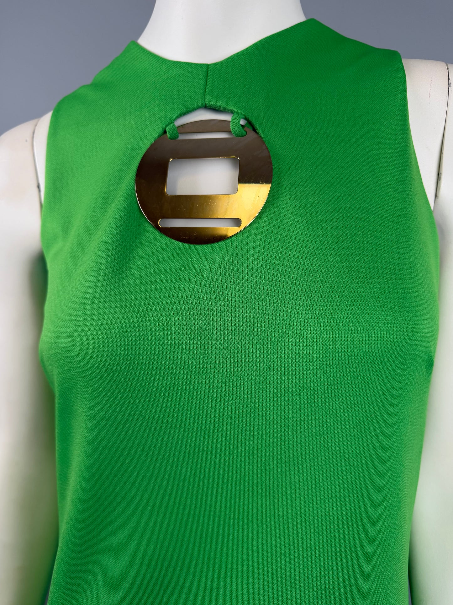 1970s Kelly Green Maxi Dress with Mod Cut-out and Medallion Detail, Size L