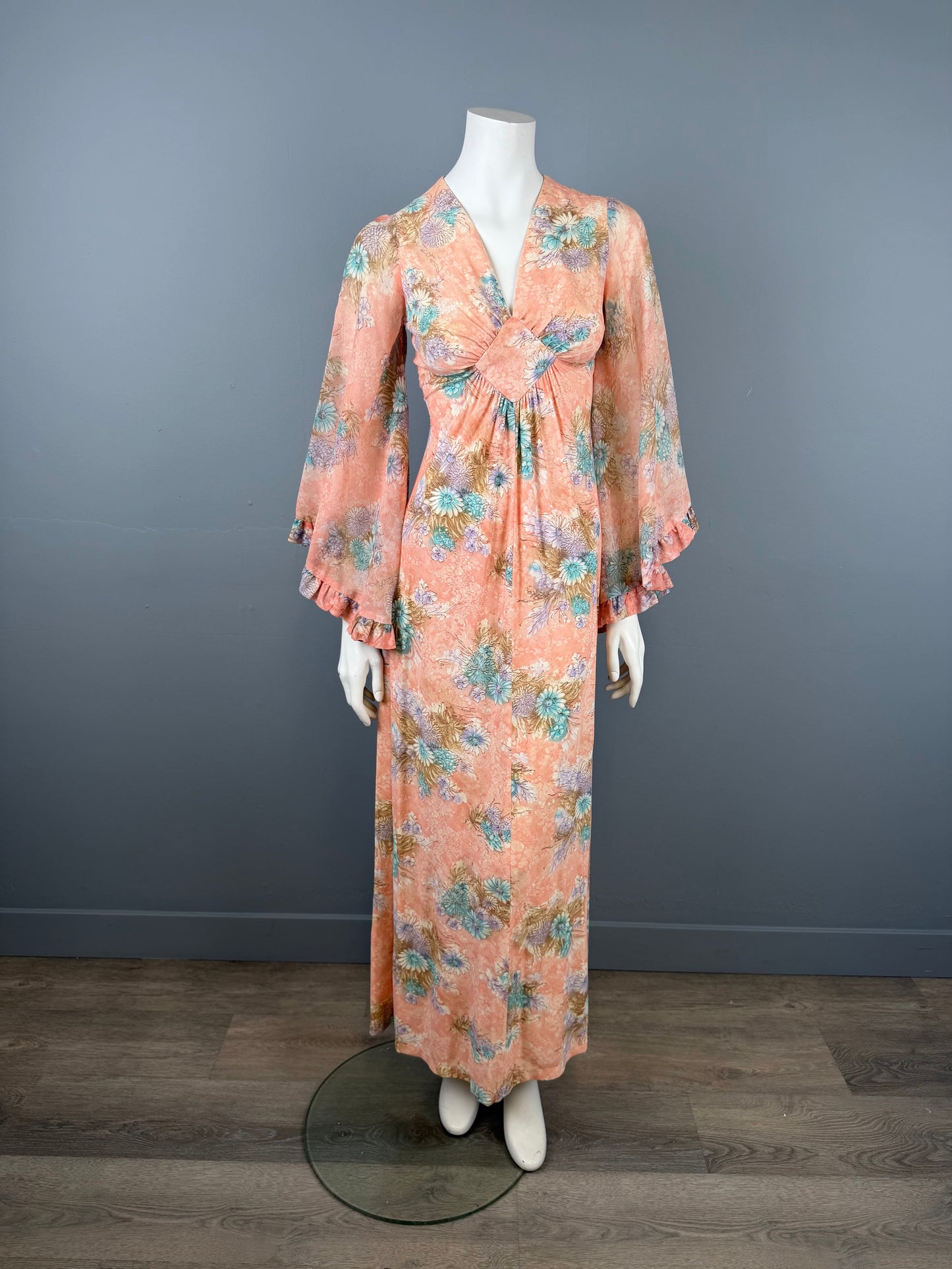 970s Boho Angel Sleeve Apricot and Blue Maxi Dress, Size XS