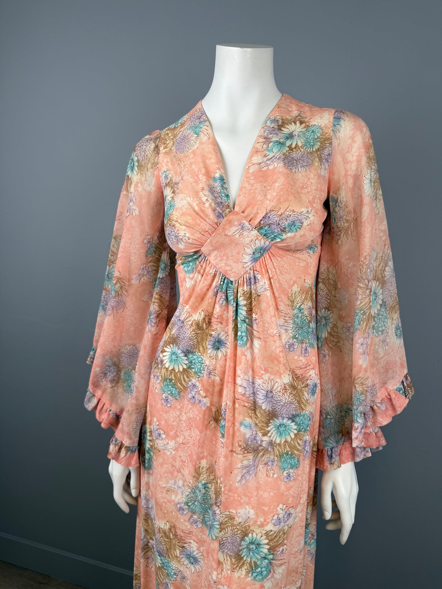 970s Boho Angel Sleeve Apricot and Blue Maxi Dress, Size XS