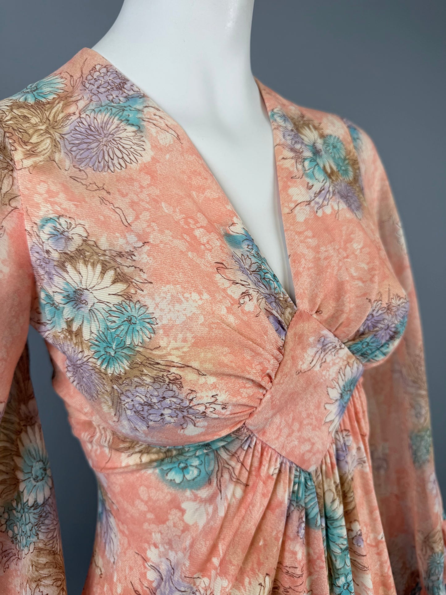 970s Boho Angel Sleeve Apricot and Blue Maxi Dress, Size XS
