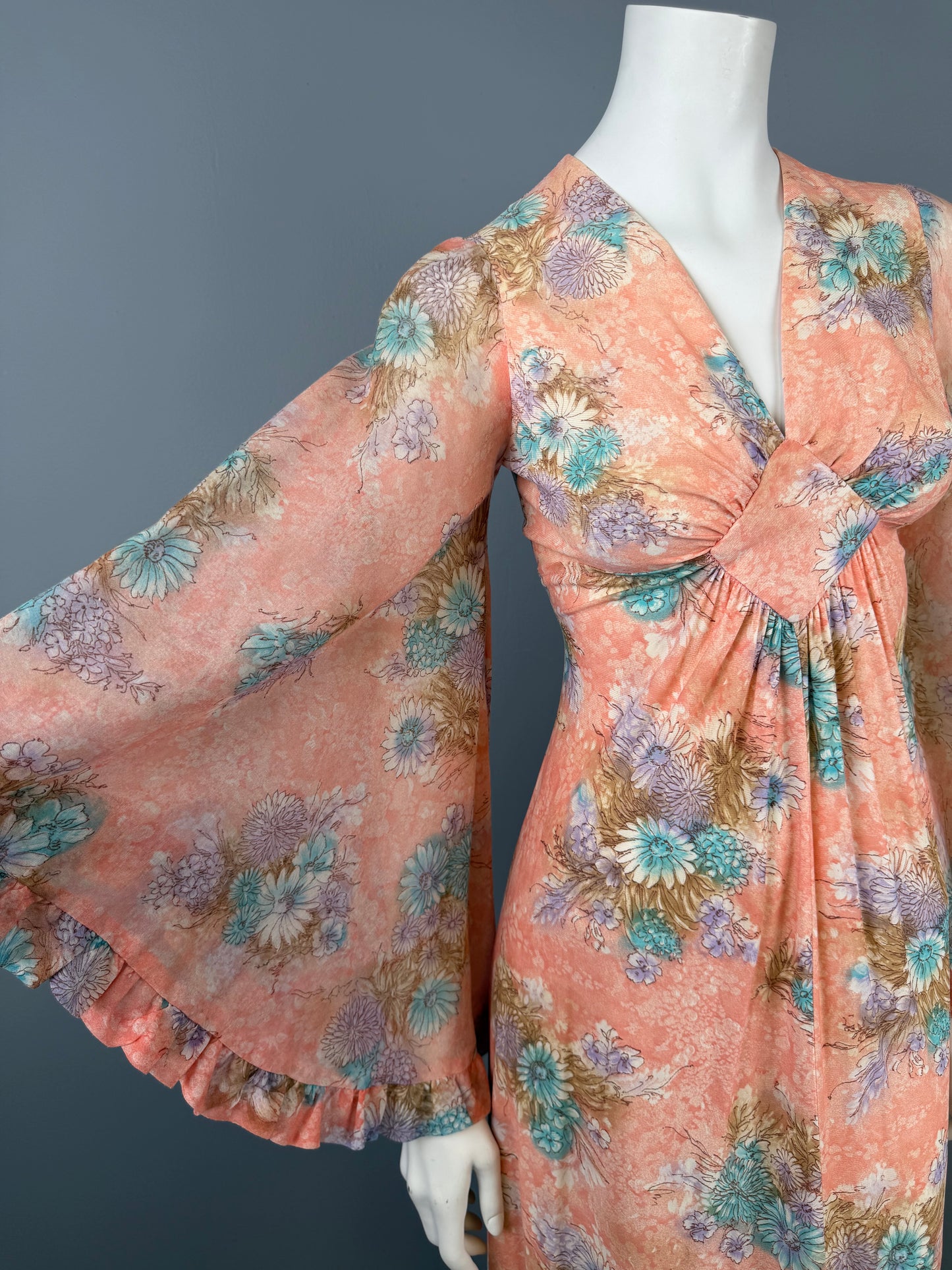 970s Boho Angel Sleeve Apricot and Blue Maxi Dress, Size XS