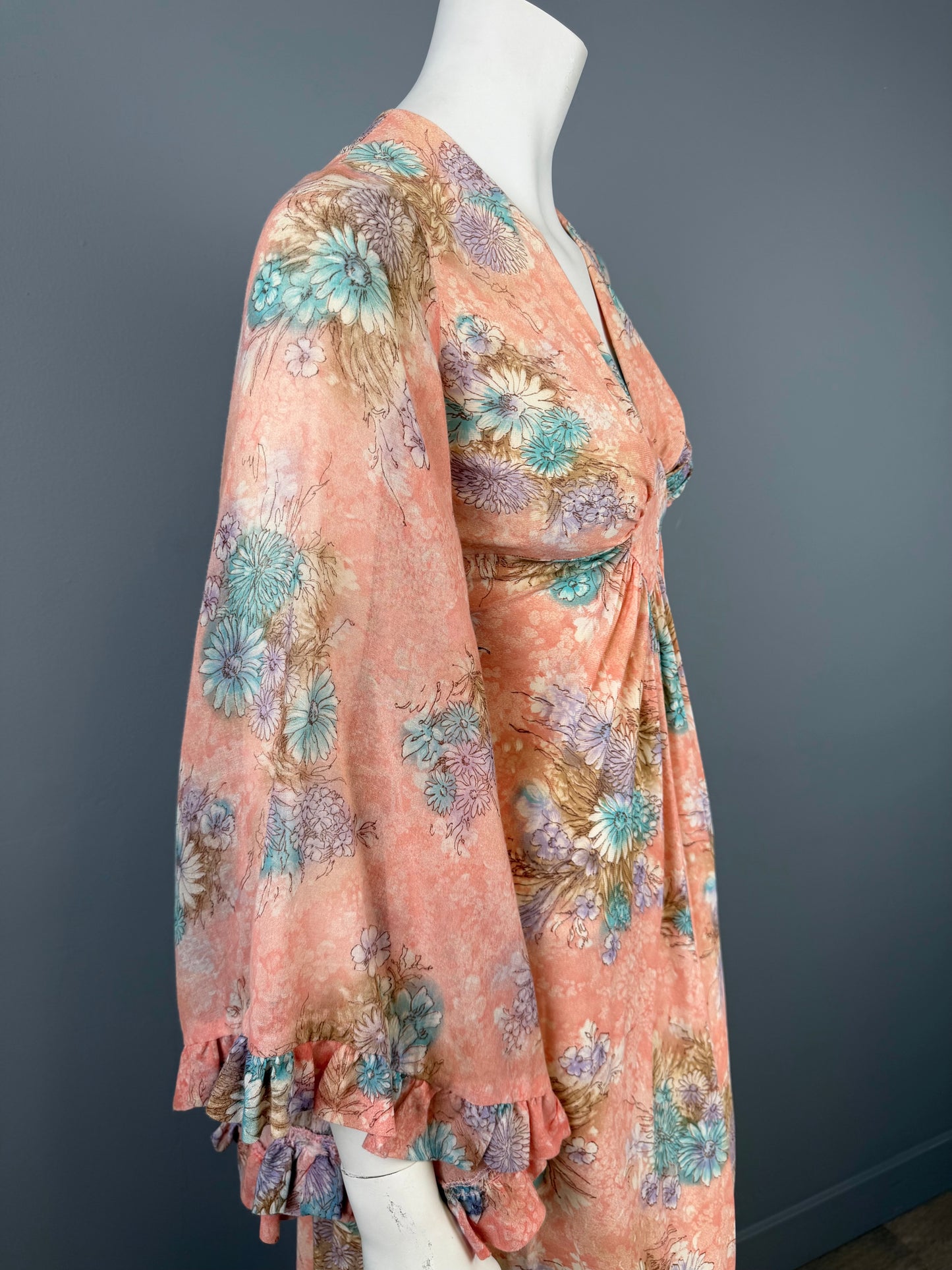 970s Boho Angel Sleeve Apricot and Blue Maxi Dress, Size XS