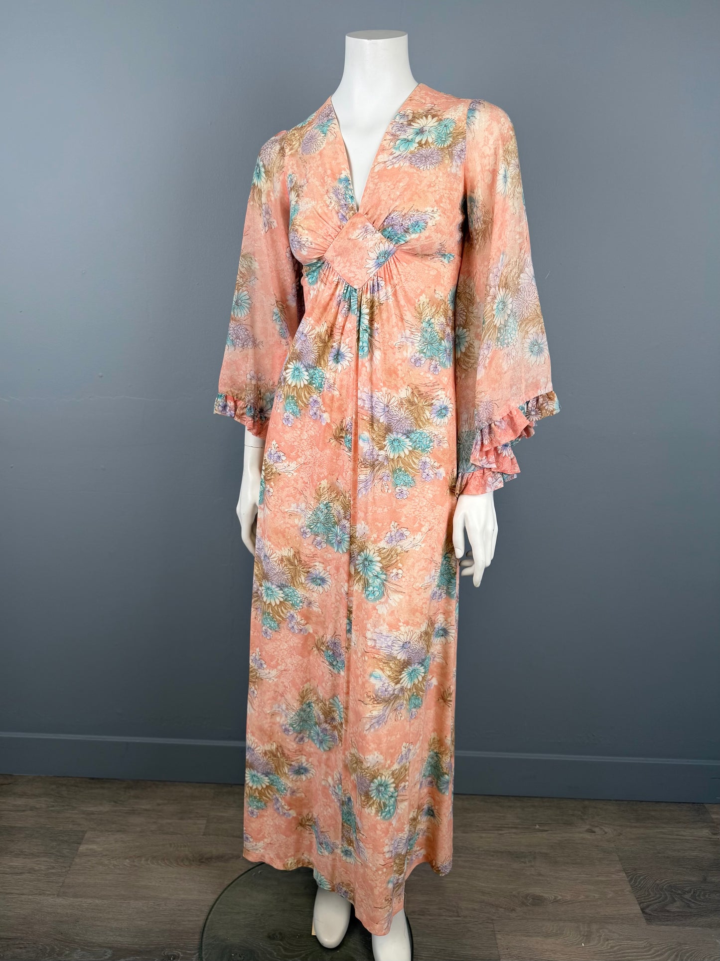 970s Boho Angel Sleeve Apricot and Blue Maxi Dress, Size XS