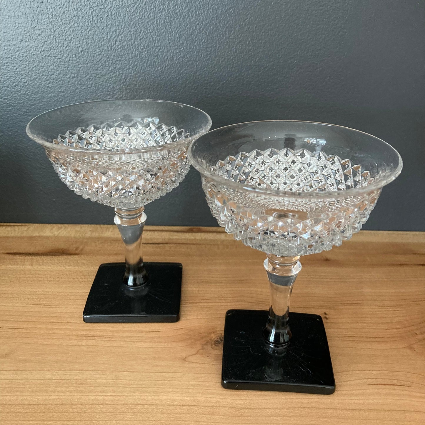 Pair of Art Deco Black Square Base Champagne Coupes