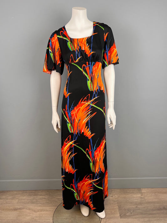 1970s Abstract Print Maxi with Bell Sleeves, Mod 70s Maxi, Size S/M