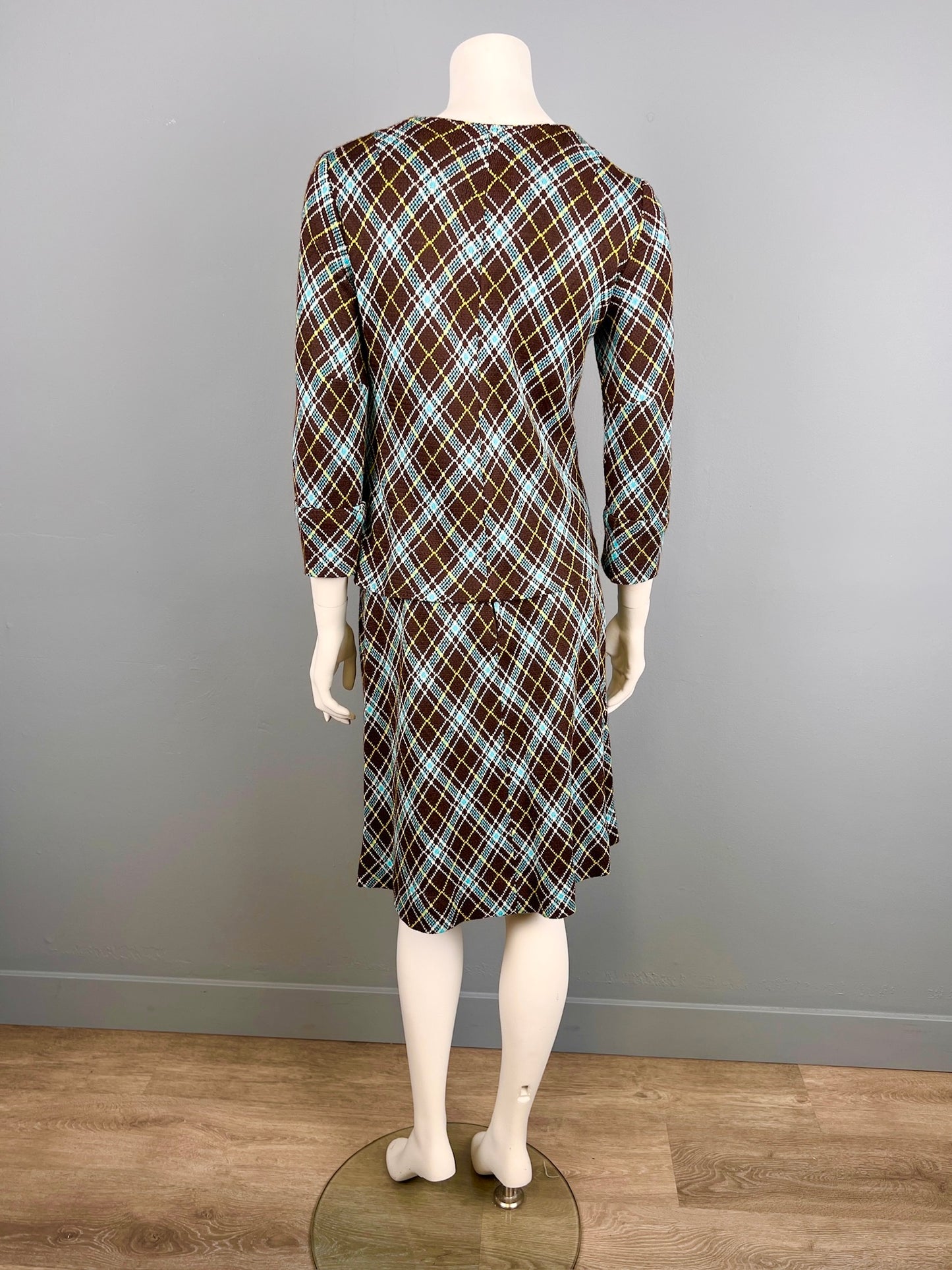 1970s Sweater Knit Skirt and jacket Set, Size S, Ladies Plaid Sweater Knit Suit