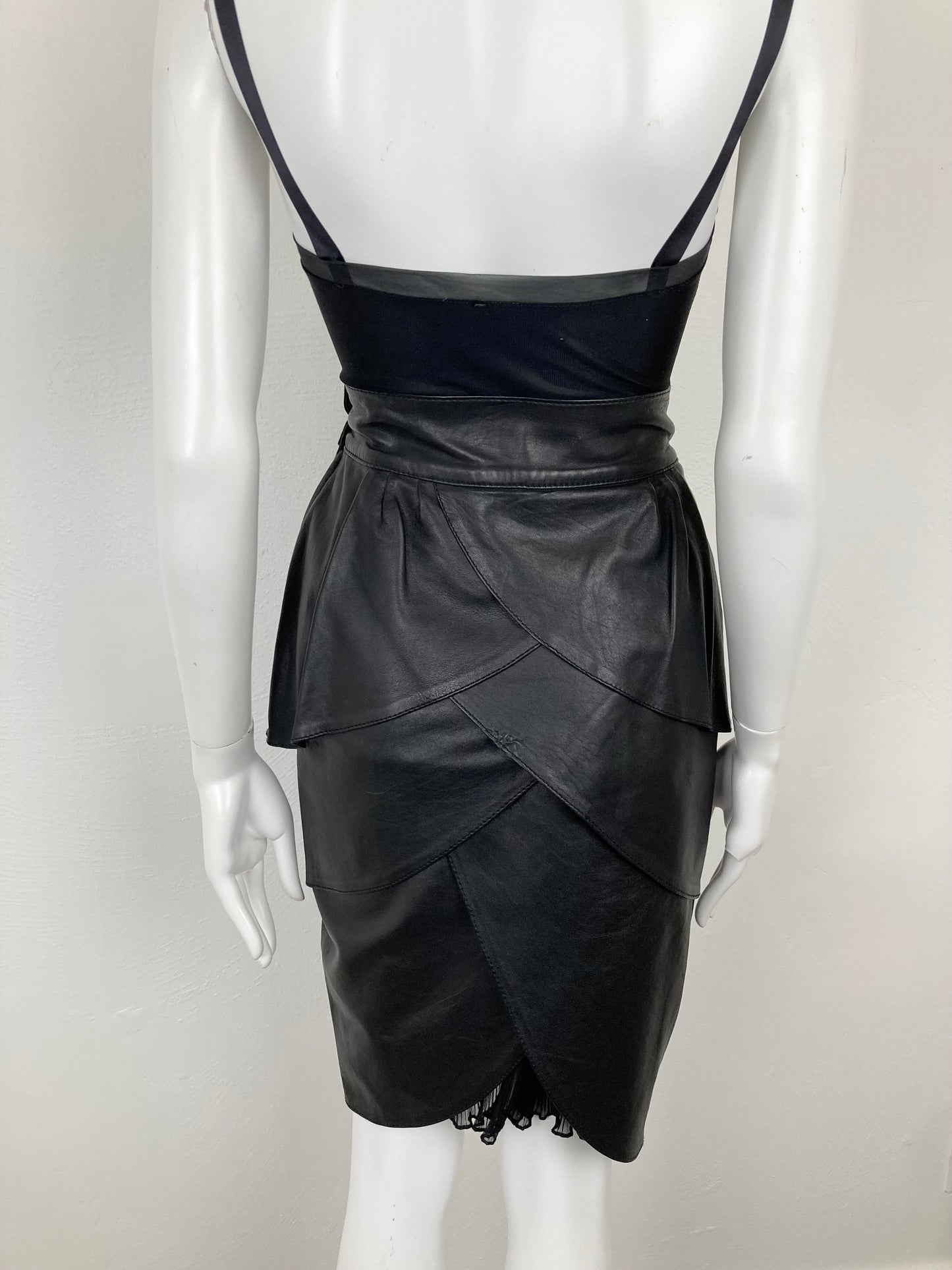 80s Black Leather Petal Tiered Skirt, Italian Leather Skirt, Funky Hight Waisted Black Leather Skirt