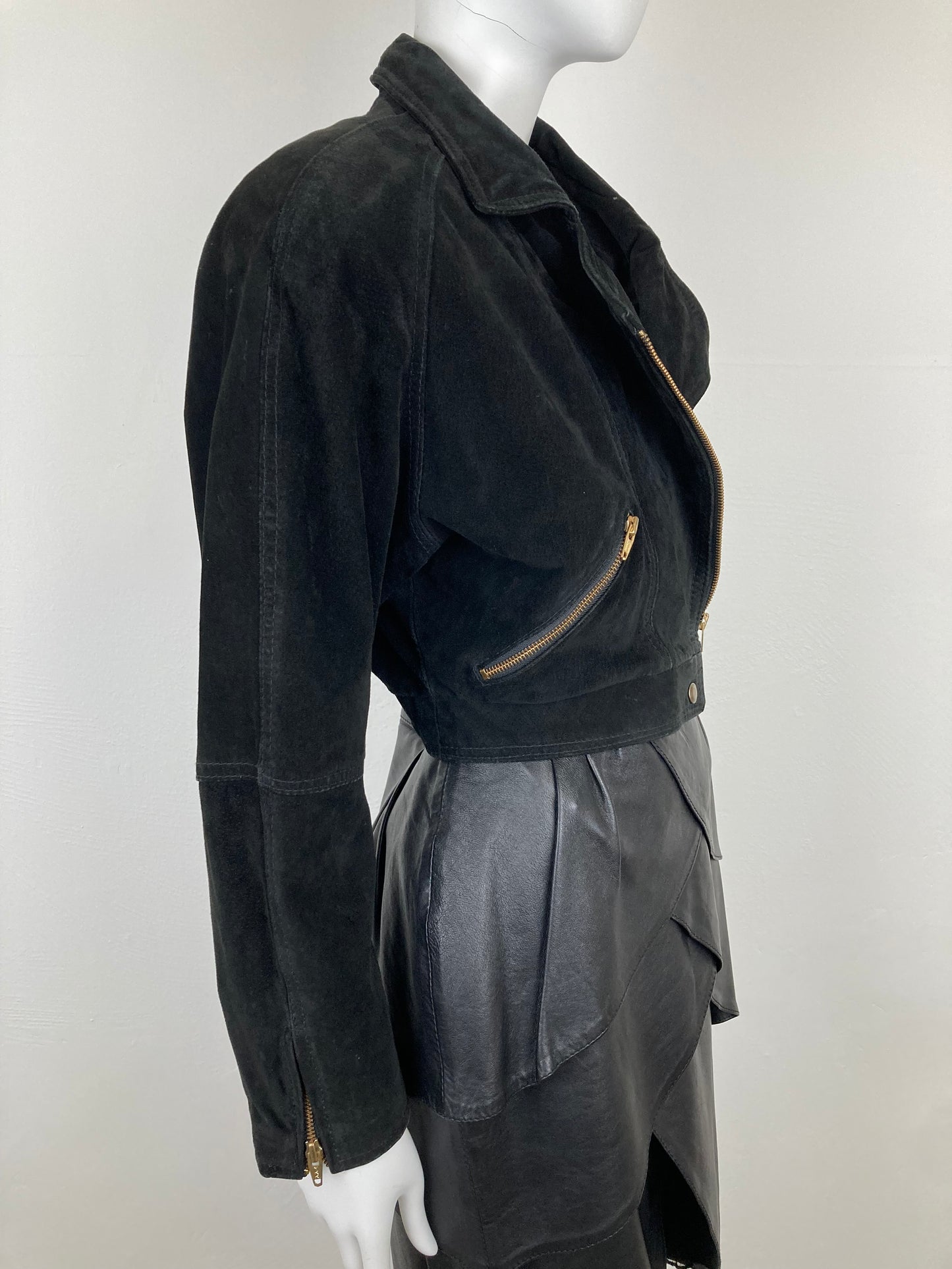 80s Black Suede Bomber Jacket, 80s Black Cropped Leather Jacket, Size M