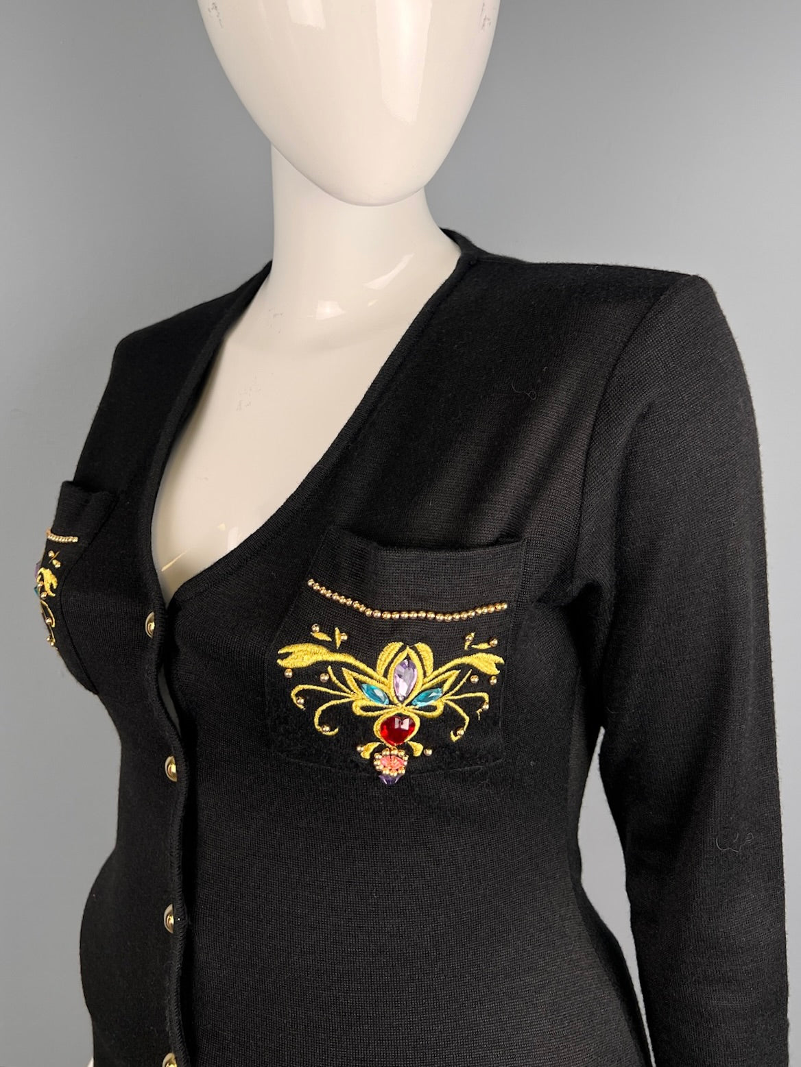 1980s Black Knit Button Up Dress with Jewel Detailing, Size L