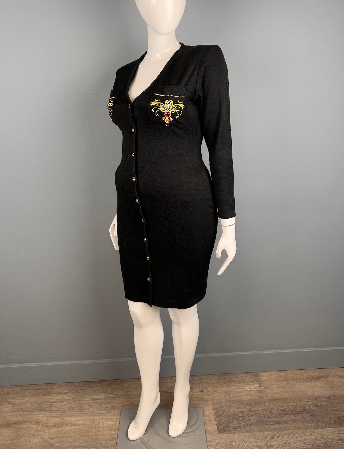 1980s Black Knit Button Up Dress with Jewel Detailing, Size L