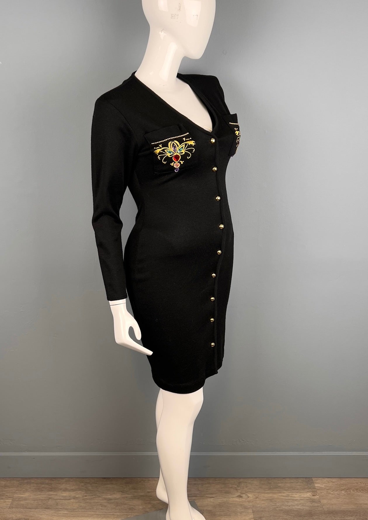 1980s Black Knit Button Up Dress with Jewel Detailing, Size L