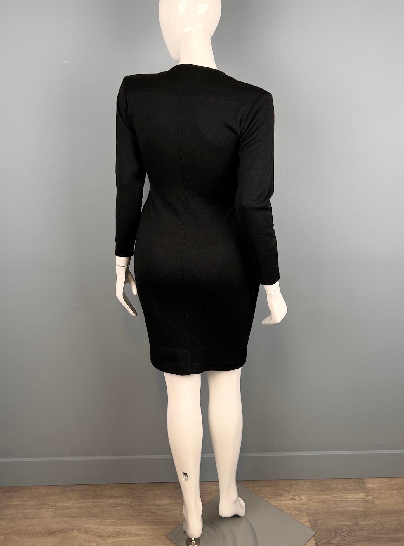 1980s Black Knit Button Up Dress with Jewel Detailing, Size L