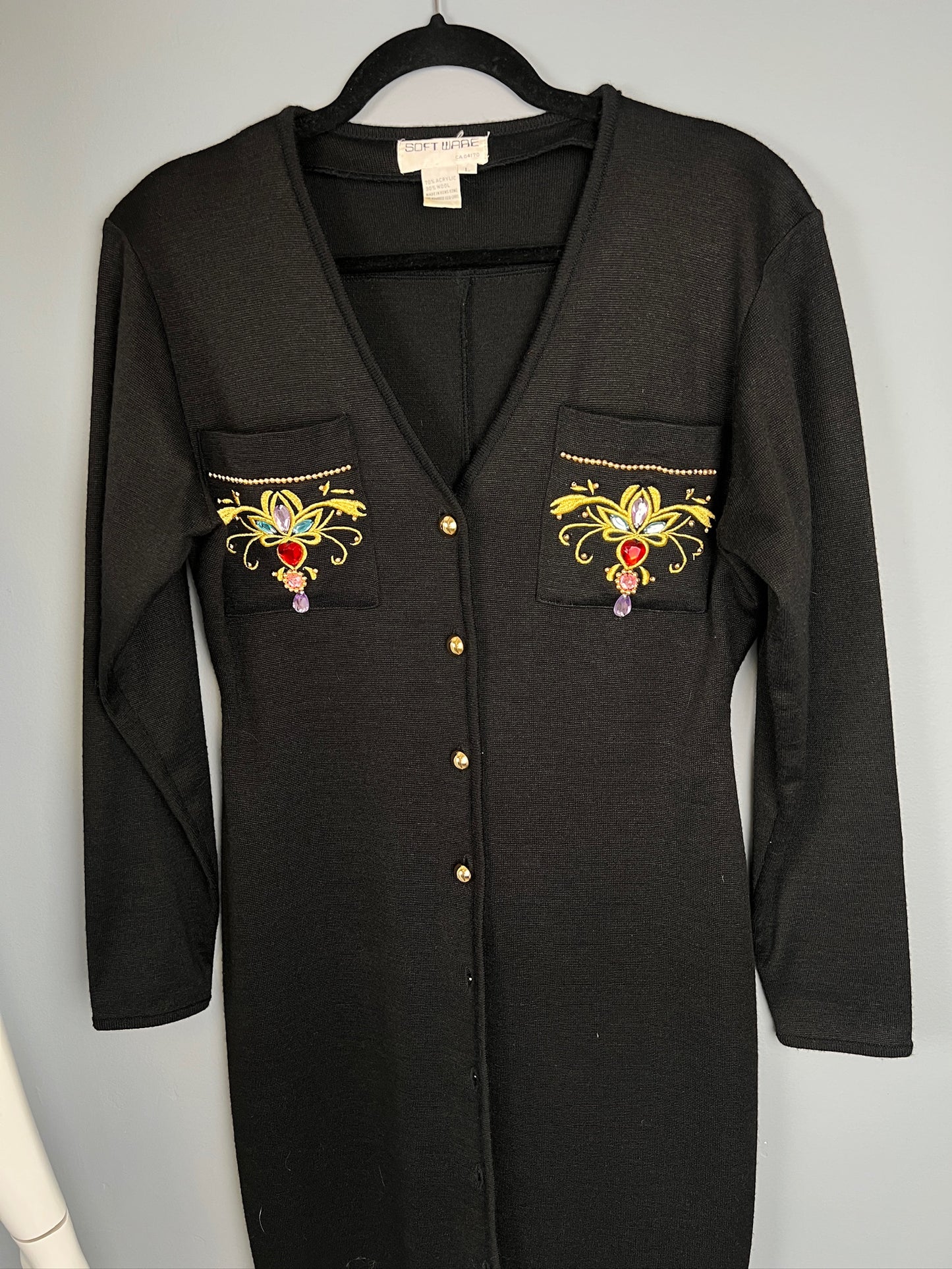 1980s Black Knit Button Up Dress with Jewel Detailing, Size L