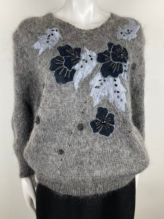 1980s Cozy Grey Wool Appliqué Sweater, Size L