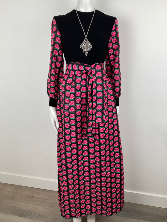 70s Black and Pink Rose Maxi Dress by Stotland, Size M