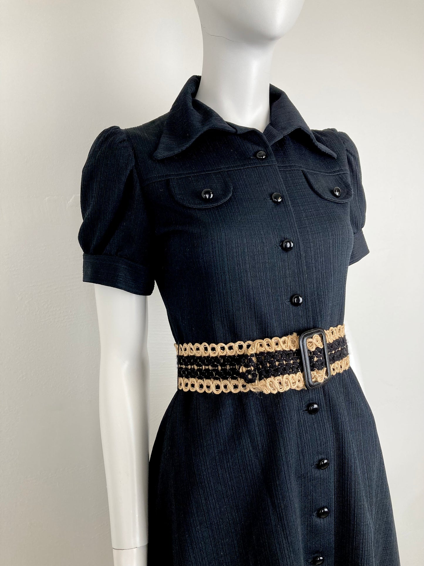 70s Black Linen-Look Knit Mini, Button Up Shirtdress Mini, Size XS/S