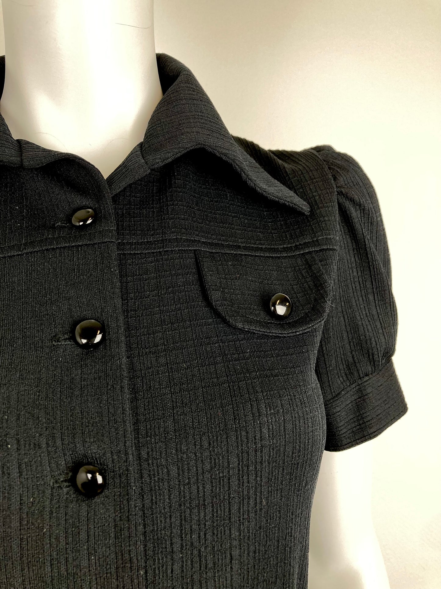 70s Black Linen-Look Knit Mini, Button Up Shirtdress Mini, Size XS/S