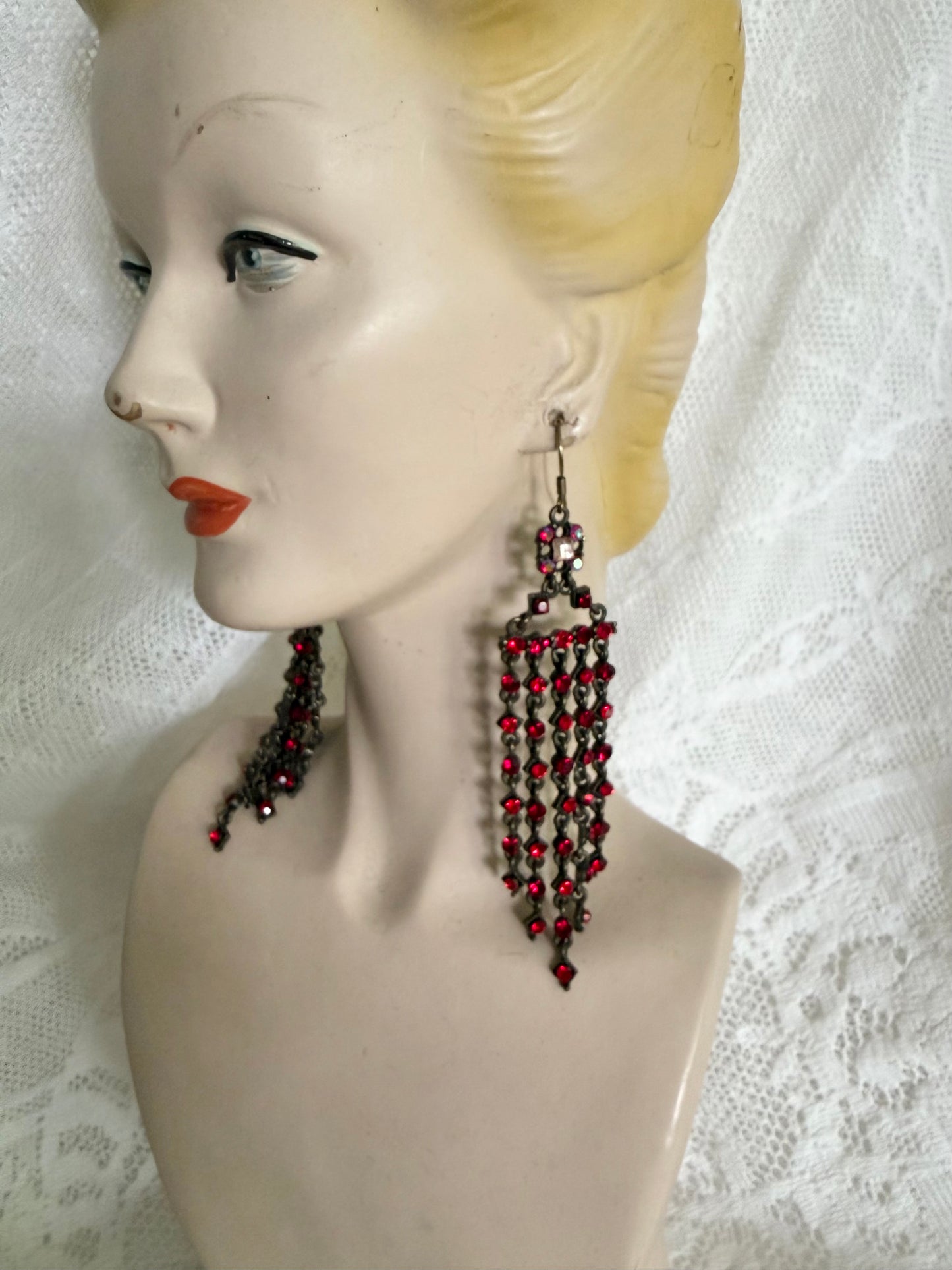 Dramatic 90s Red Rhinestone Chandelier Earrings