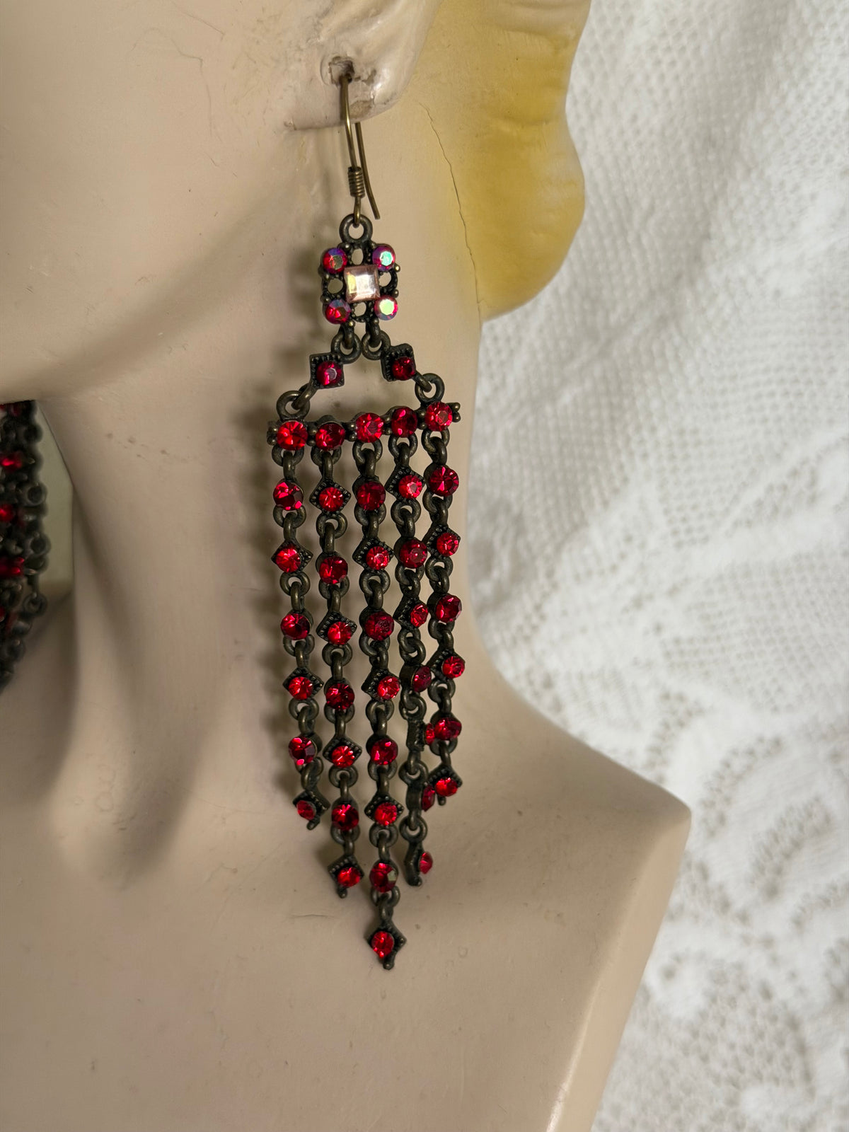 Dramatic 90s Red Rhinestone Chandelier Earrings