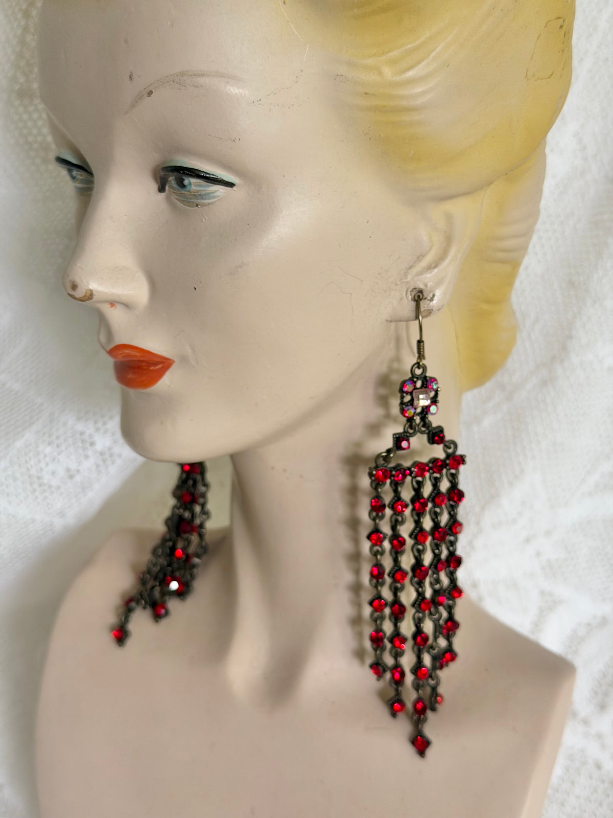 Dramatic 90s Red Rhinestone Chandelier Earrings