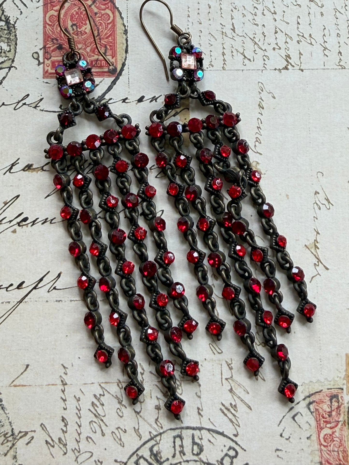 Dramatic 90s Red Rhinestone Chandelier Earrings