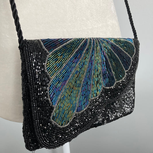 1980s Art Deco Style Beaded Shoulder Purse, 80s Beaded Evening Bag