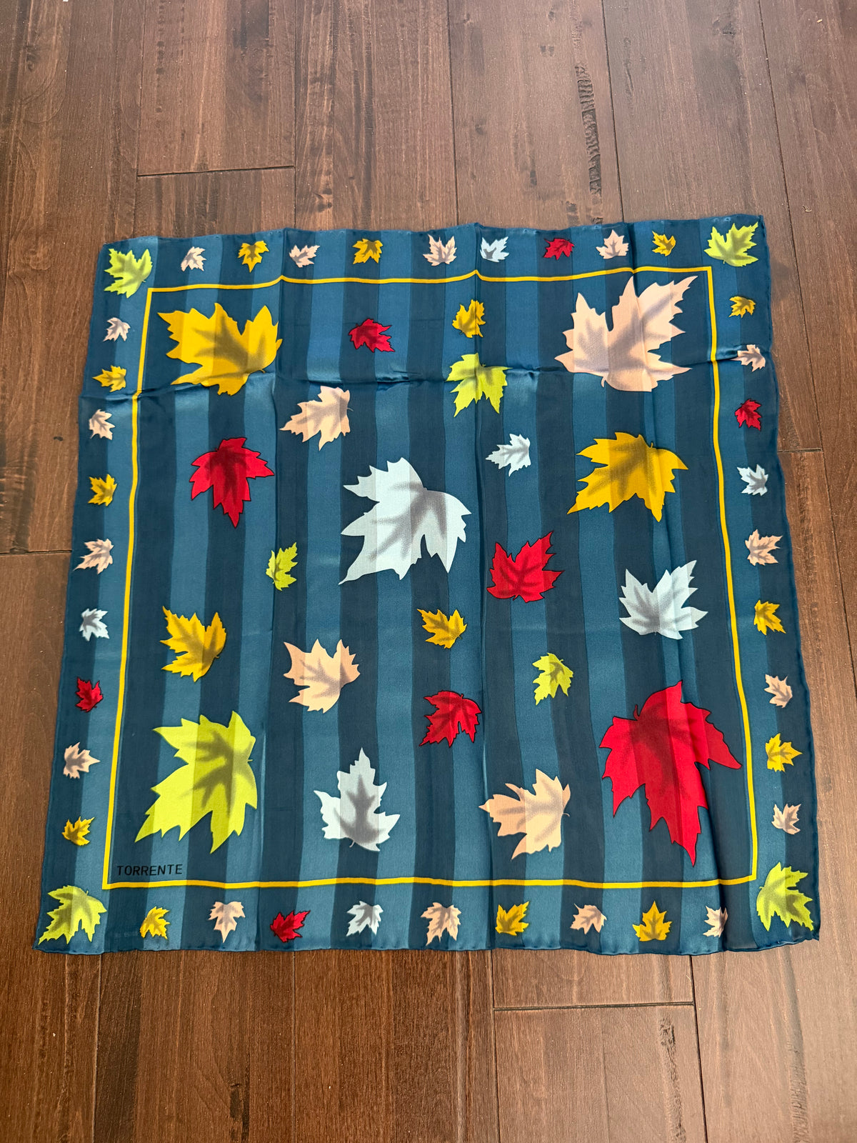 1990s Torrente Paris Autumn Silk Scarf Hand Rolled Teal & Gold