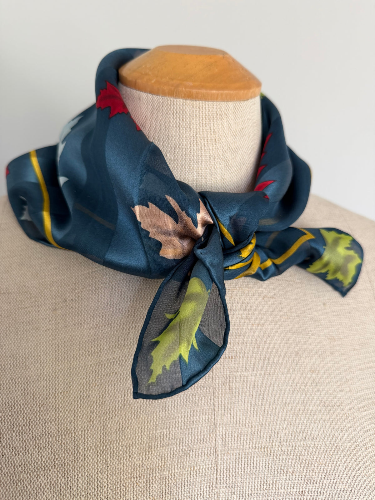 1990s Torrente Paris Autumn Silk Scarf Hand Rolled Teal & Gold