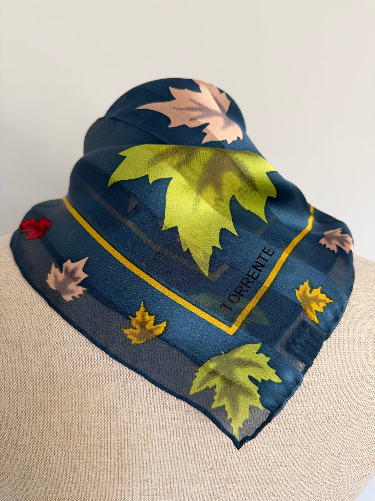 1990s Torrente Paris Autumn Silk Scarf Hand Rolled Teal & Gold