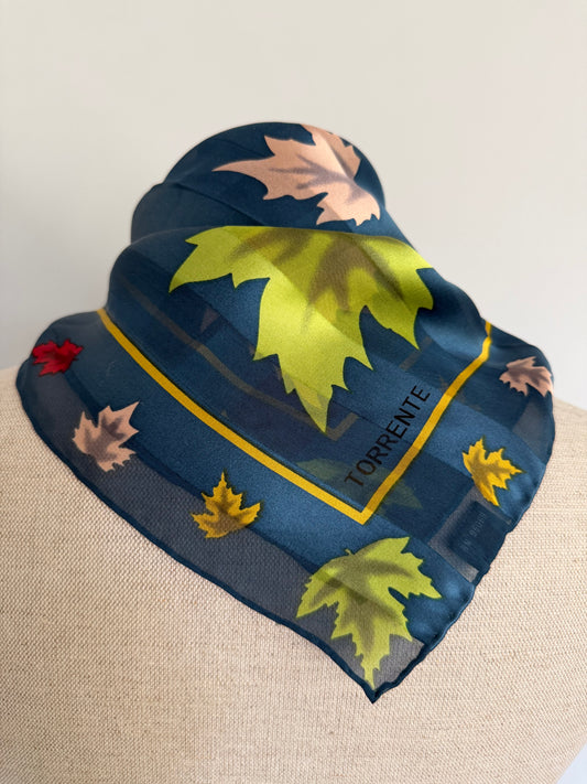 1990s Torrente Paris Autumn Silk Scarf Hand Rolled Teal & Gold