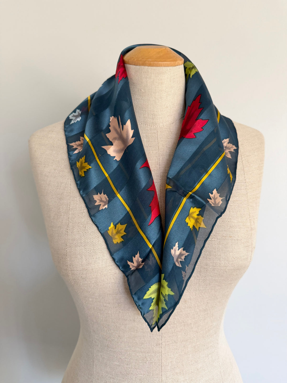 1990s Torrente Paris Autumn Silk Scarf Hand Rolled Teal & Gold