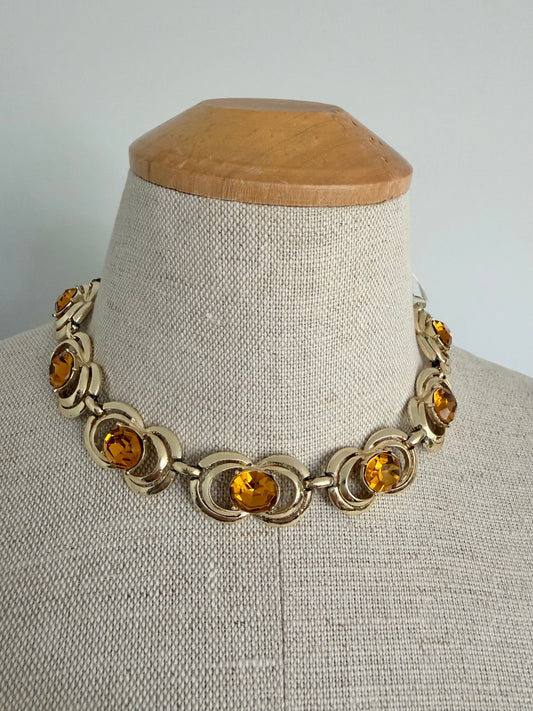 1960s Coro Adjustable Gold Choker with Big Amber Stones