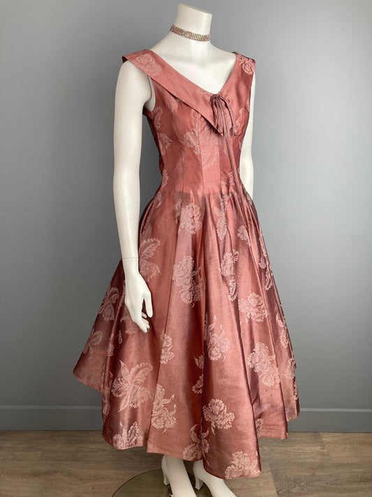 1950s Shimmering Orchid Printed Party Dress, Vintage Fit and Flare Wine Coloured Organdy Dress, Size Small