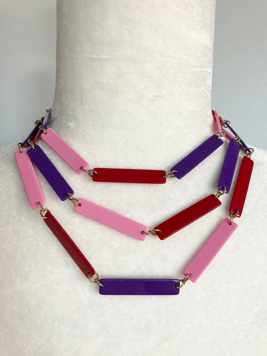 Colourful 70s Lucite Necklace, Purple, Pink and Red Long Necklace