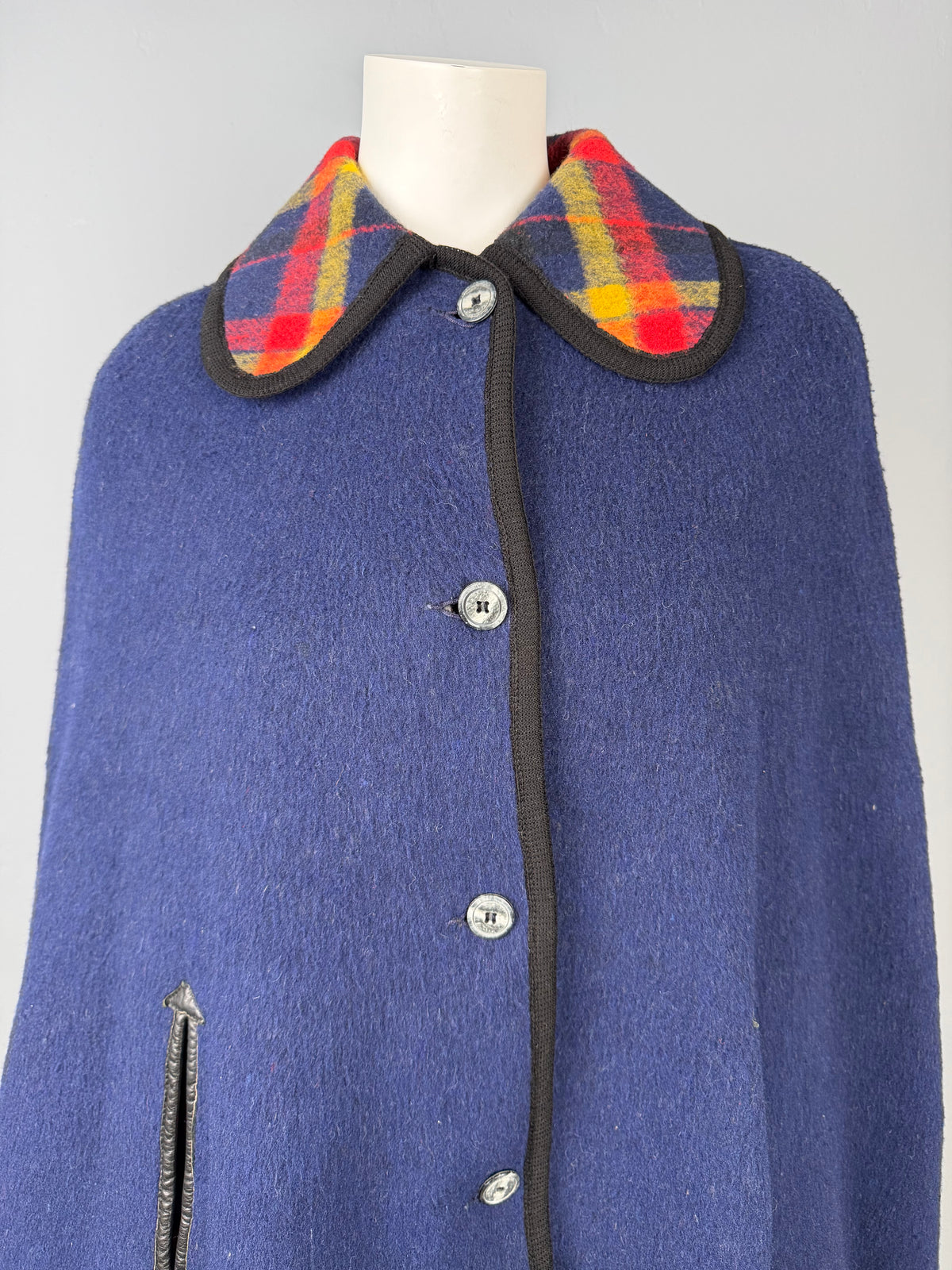 1960/70s Navy/Plaid Reversible Cape, Size M/L