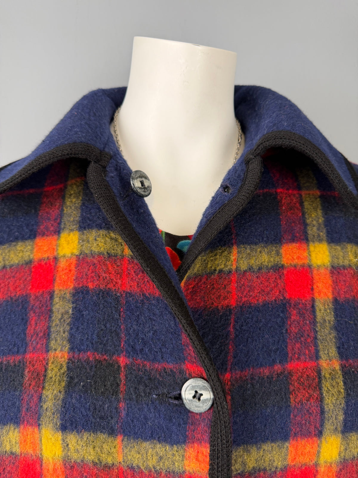 1960/70s Navy/Plaid Reversible Cape, Size M/L
