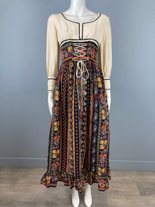 70s Peasant Dress, Size M, Hippie Dress, Boho Maxi Dress