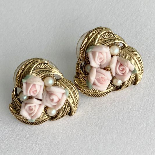 Vintage Porcelain Rose and Pearl Earrings by 1928 Jewellery Company, Bridal Earrings