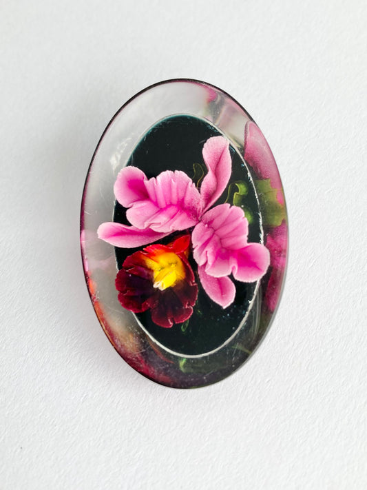 1950s Hand Carved Lucite Orchid Brooch, Reverse Carved Gem Tone Orchid Flower Brooch