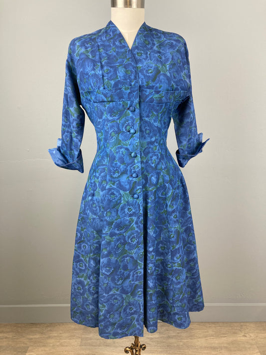 50s Blue Floral Cotton Day Dress, Size M