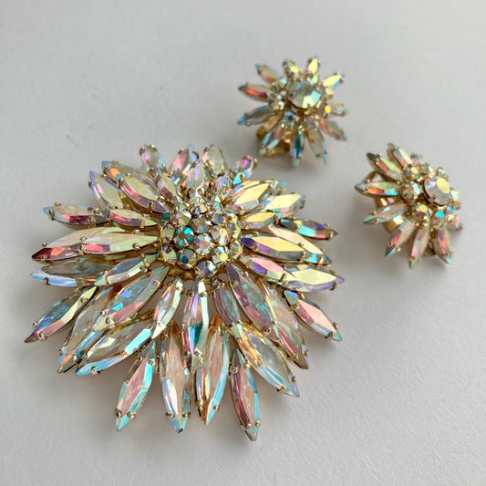1960s Sherman Brooch and Earring Set, Large Vintage Sherman Aurora Borealis Brooch and Earrings