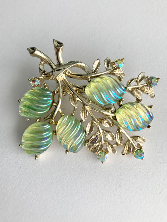 Vintage Green Bud & Leaf Bouquet Brooch, Midcentury Rhinestone Brooch