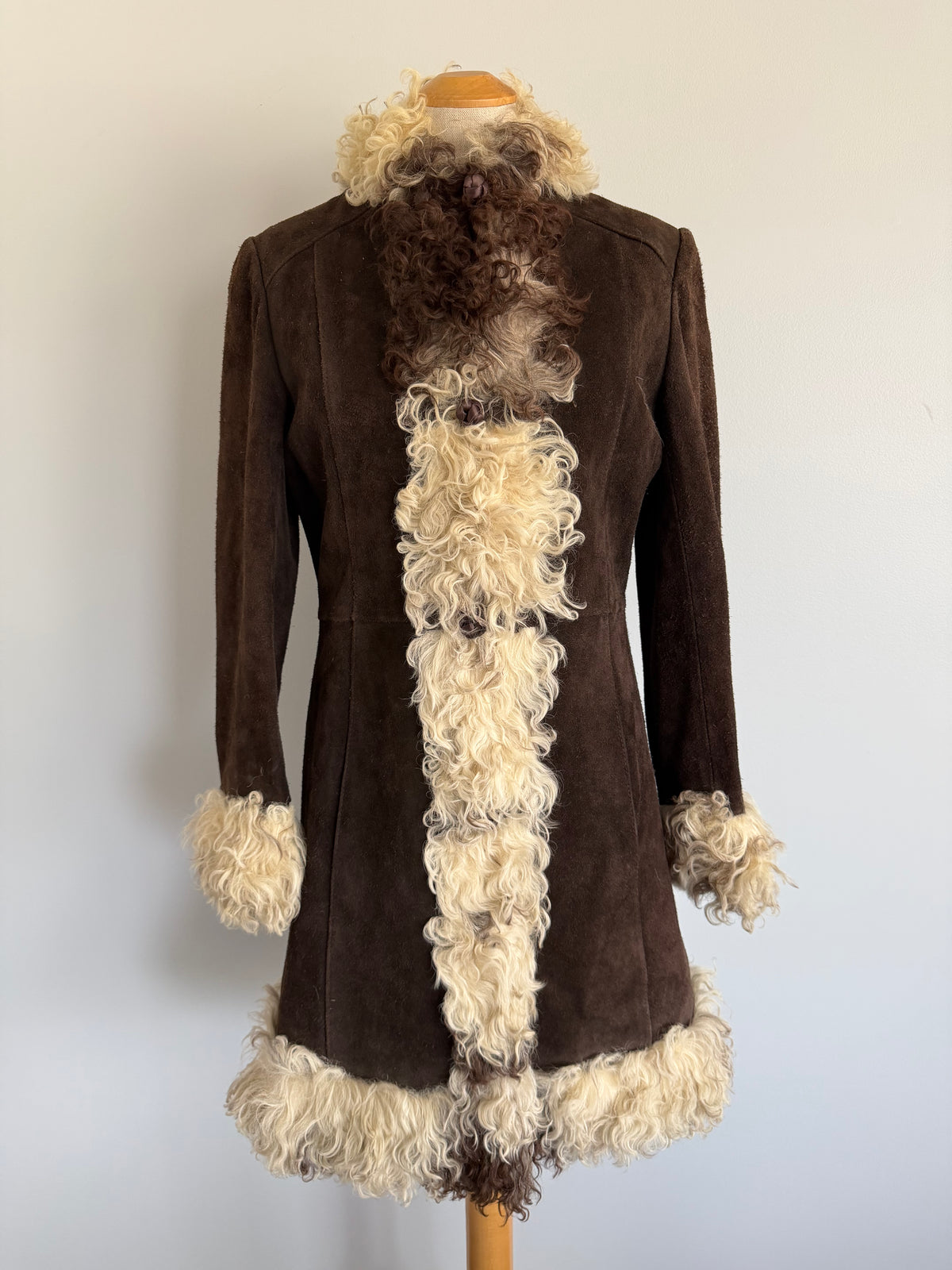 1960s or 70s Boho Suede Penny Lane Coat with Mongolian Lamb Trim, size S