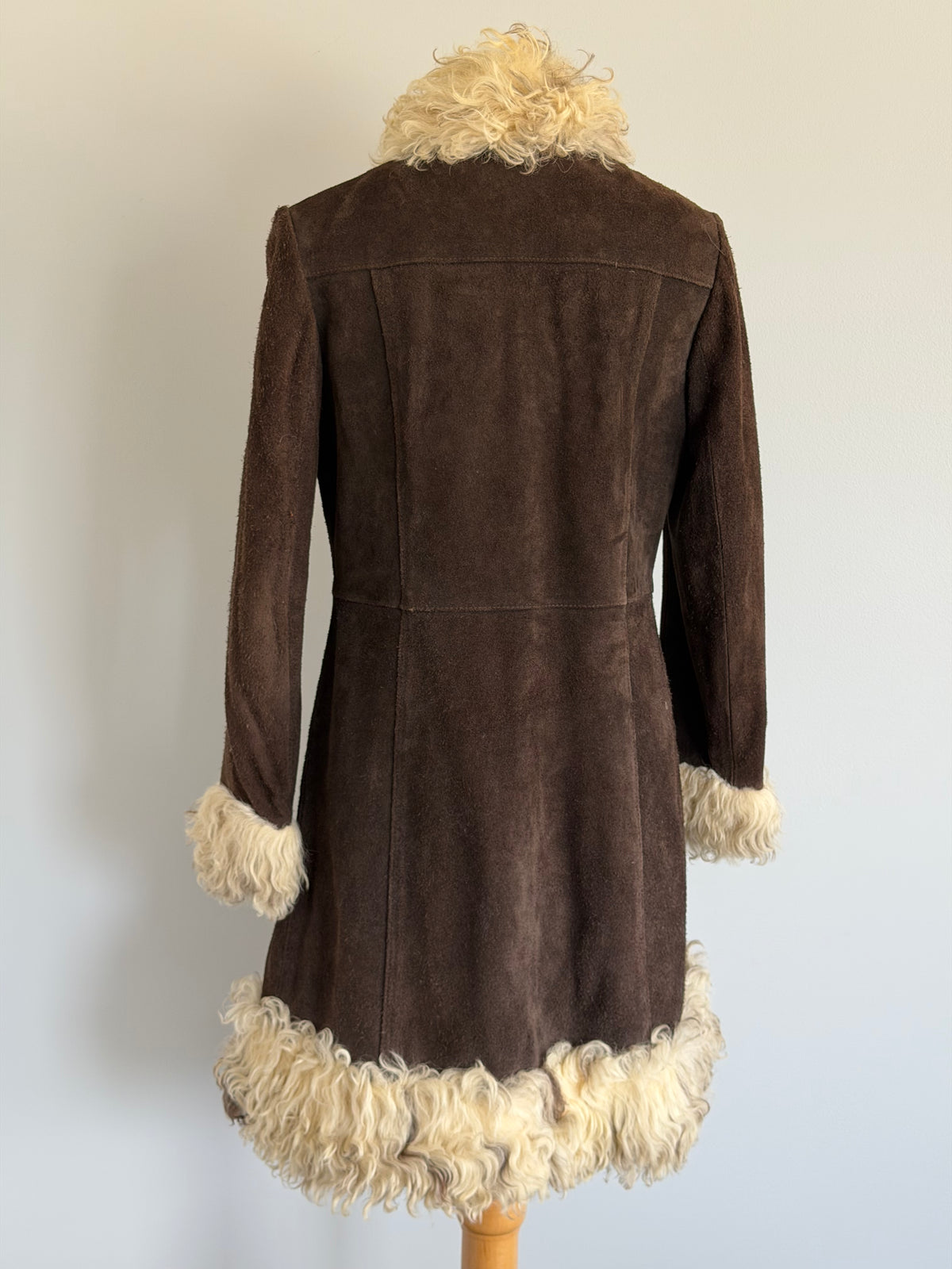 1960s or 70s Boho Suede Penny Lane Coat with Mongolian Lamb Trim, size S