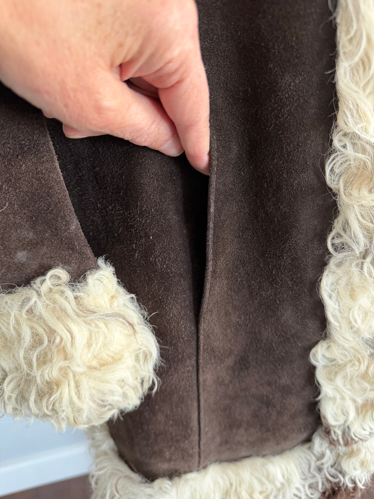 1960s or 70s Boho Suede Penny Lane Coat with Mongolian Lamb Trim, size S
