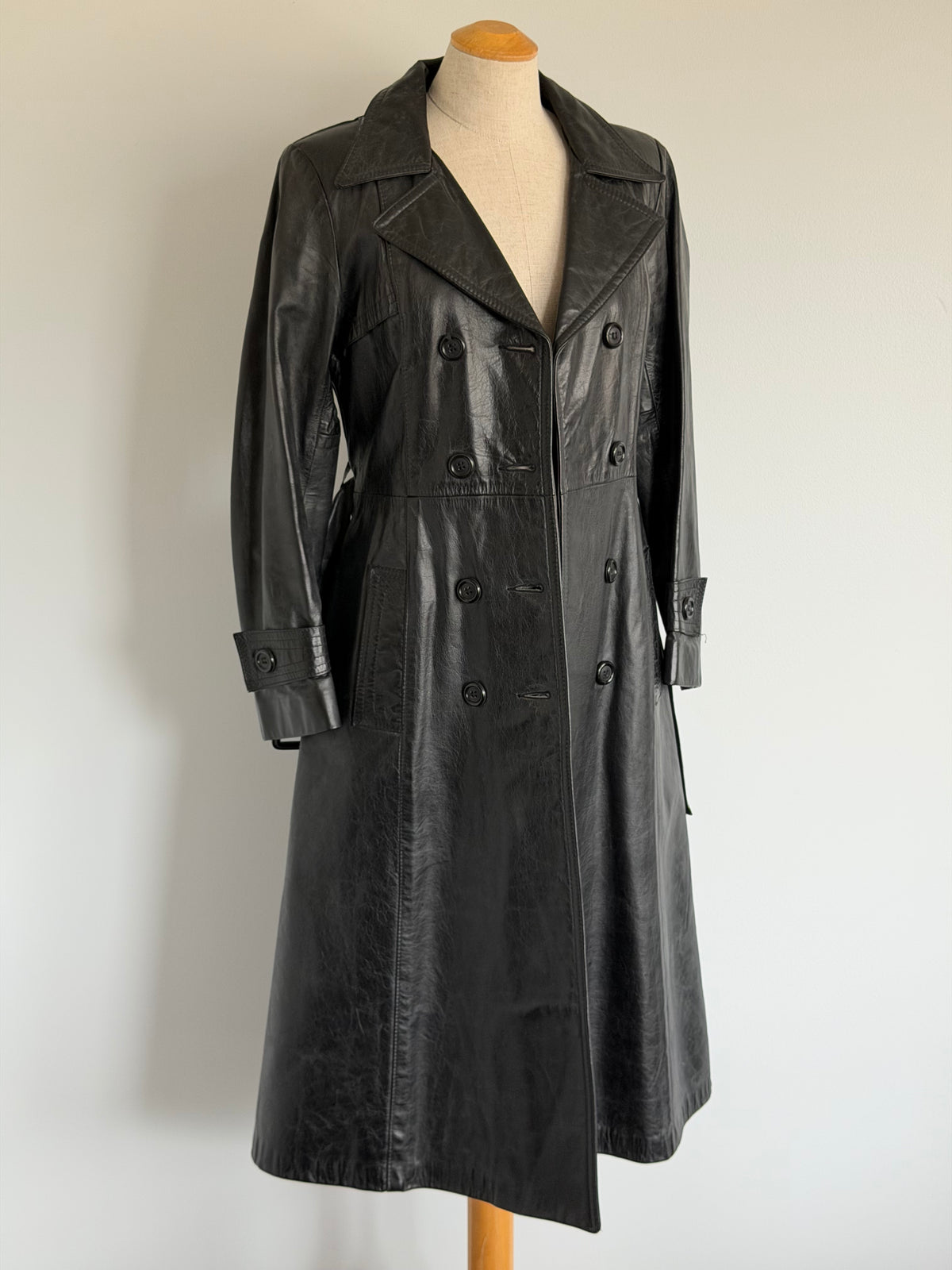 1970s Black Leather Trench Coat, Size S